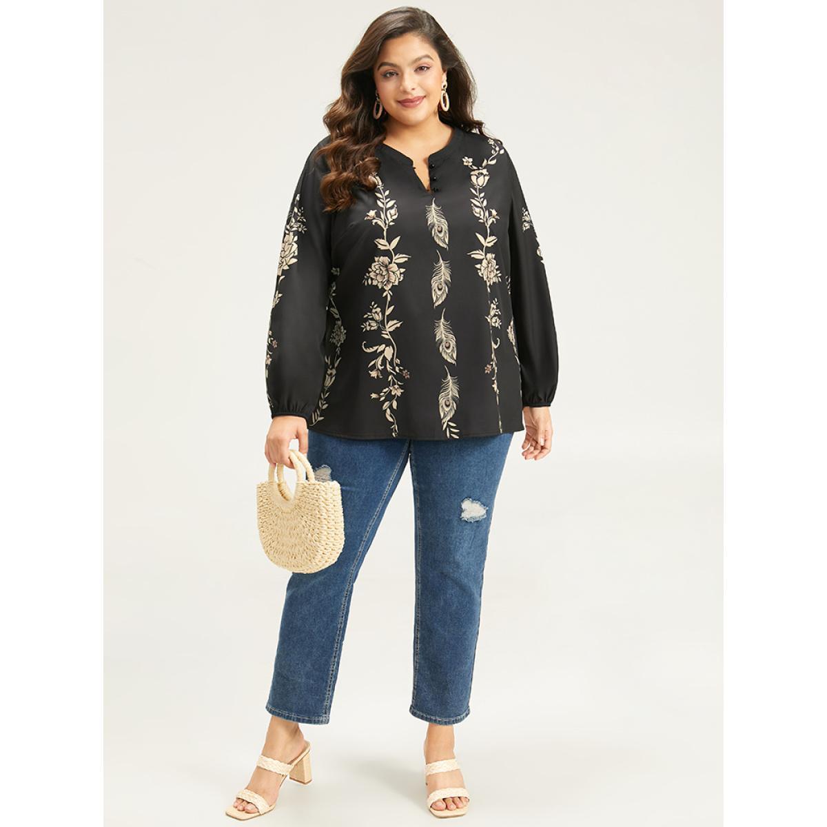 Plus Size Black Floral Print Button Up Lantern Sleeve Blouse Women Elegant Long Sleeve Round Neck Dailywear Blouses BloomChic 18-20/2X Product Image