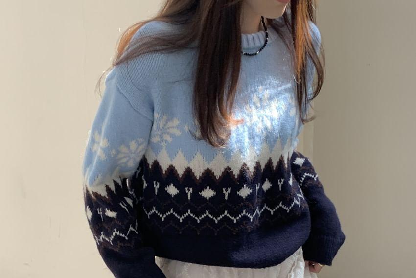 Long-Sleeve Crew Neck Snowflake Print Sweater Product Image