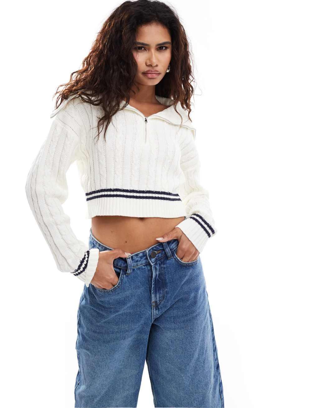 Bailey Rose knit crop collar detail sweater in cream Product Image