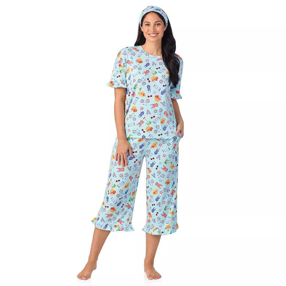 Women's Cuddl Duds® 3-Piece Short Sleeve Pajama Top, Cropped Pajama Pants & Headband Set, Size: XL, Green Vacation Product Image