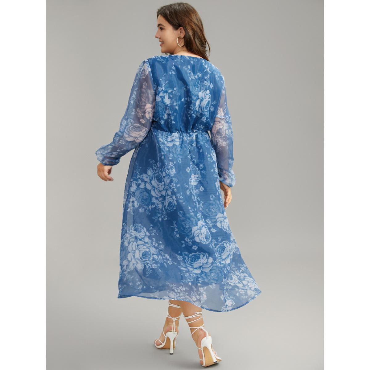 Plus Size Silhouette Floral Print Elastic Cuffs Mesh Dress Cerulean Women Elegant Elastic cuffs V-neck Long Sleeve Curvy Midi Dress BloomChic 28/5X Product Image