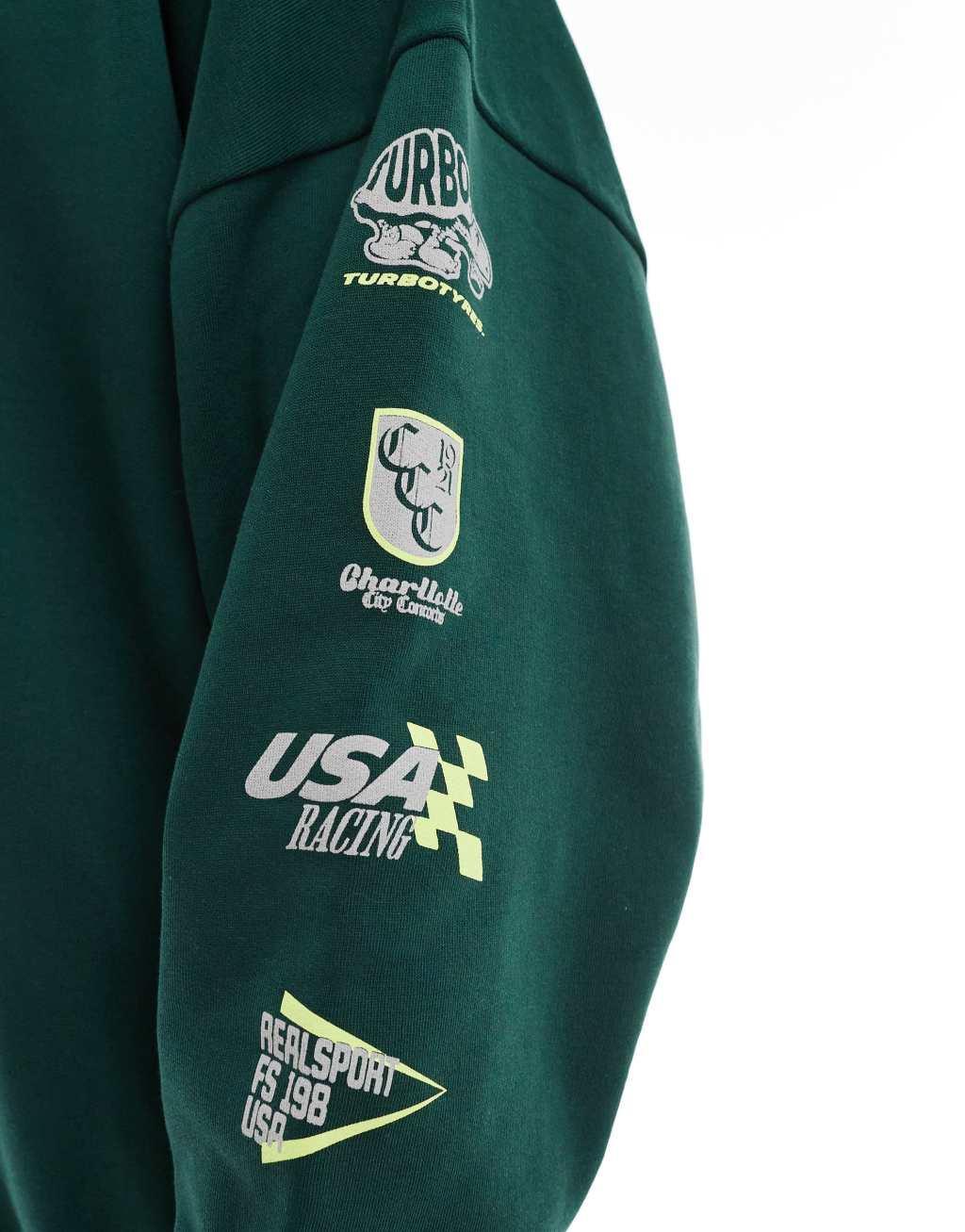 ASOS DESIGN extreme oversized sweatshirt with racing prints in dark green Product Image