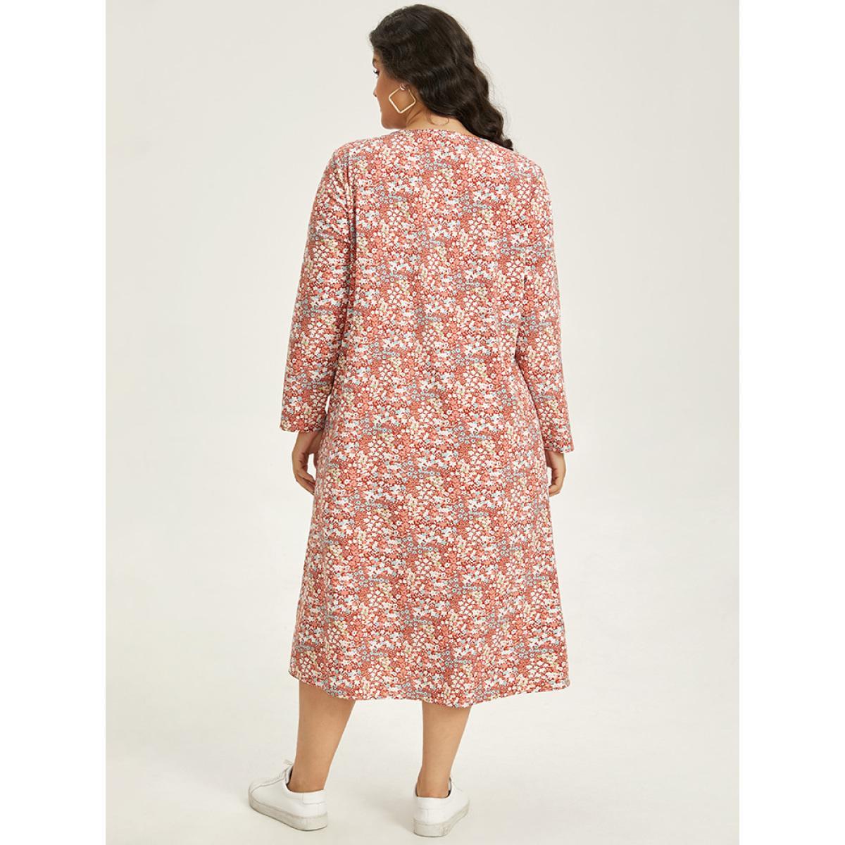 Plus Size Ditsy Floral Notched Pocket Button Detail Dress Russet Women Casual Printed Notched collar Long Sleeve Curvy Midi Dress BloomChic 22-24/3X Product Image