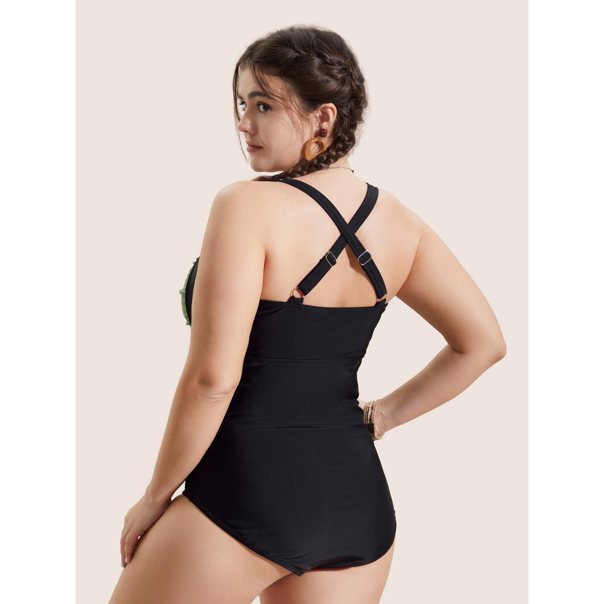 Plus Size Contrast Patchwork Twist Front One Piece Swimsuit Women's Swimwear ArmyGreen Beach Twist Curve Bathing Suits High stretch One Pieces BloomChic 18-20/2X Product Image