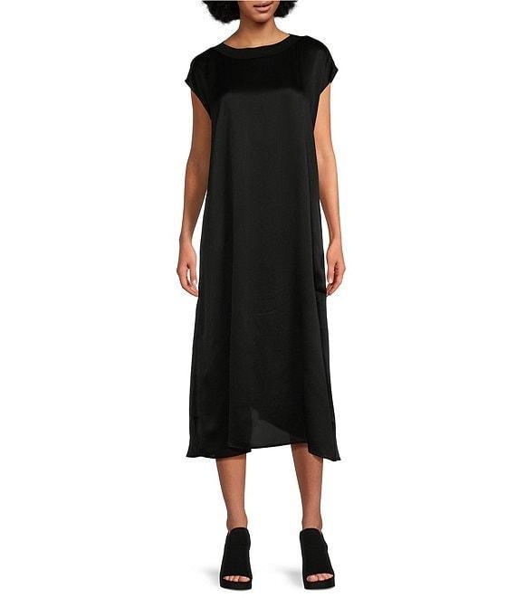 Eileen Fisher Striated Silk Satin Boat Neck Cap Sleeve Side Slit Boxy Midi Dress Product Image