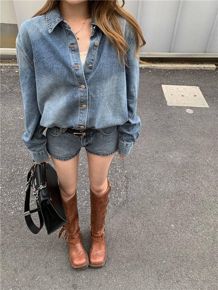 Set: Long-Sleeve Washed Button-Up Denim Shirt + Low Rise Hot Pants Product Image