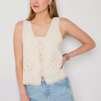 a.n.a Tie Front Womens V Neck Sleeveless Embroidered Blouse Product Image