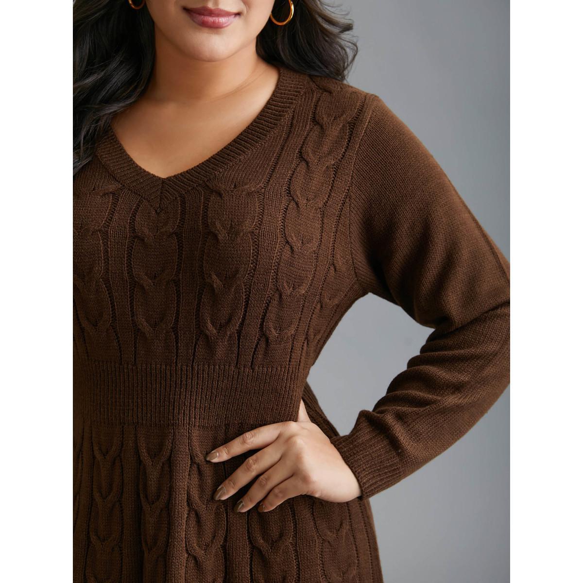 Plus Size Textured Cable Knit V-Neck Midi Sweater Dress Browncoffeecolor Women Casual Bodycon Long Sleeve Everyday Sweater Dresses BloomChic 14-16/1X Product Image