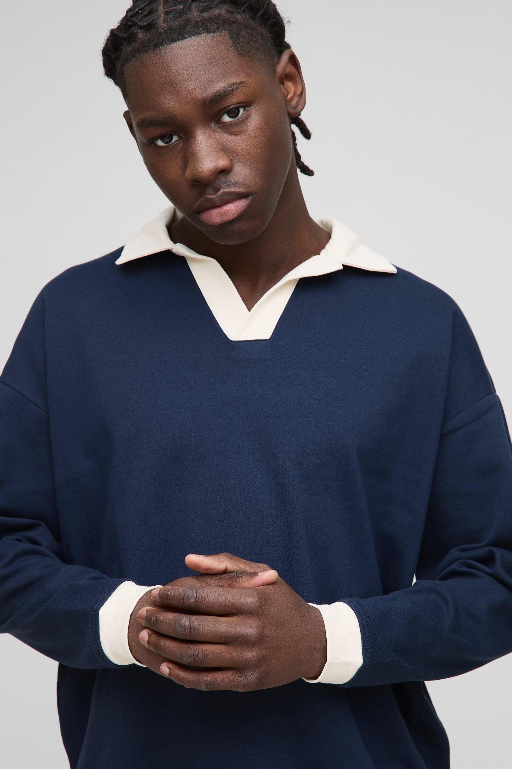 Regular Fit Contrast Interlock Revere Rugby Polo | boohooMAN USA Product Image
