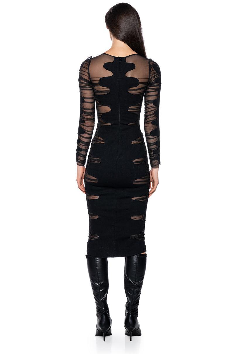 DEVON DENIM AND MESH LONG SLEEVE MIDI DRESS Product Image