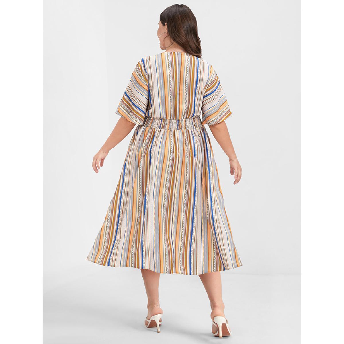 Plus Size Bandana Split Dolman Sleeve Shirred Pocket Midi Dress Apricot Women Vacation Pocket V-neck Half Sleeve Curvy Long Dress BloomChic 18-20/2X Product Image