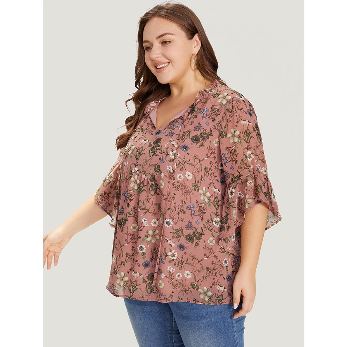 Plus Size Rouge Floral Tie Neck Frill Trim Bell Sleeve Blouse Women Elegant Half Sleeve Tie Neck Dailywear Blouses BloomChic 12/L Product Image