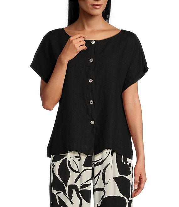 Bryn Walker Bessie Light Linen Crew Neck Cap Sleeve Boxy Button Front Shirt Product Image