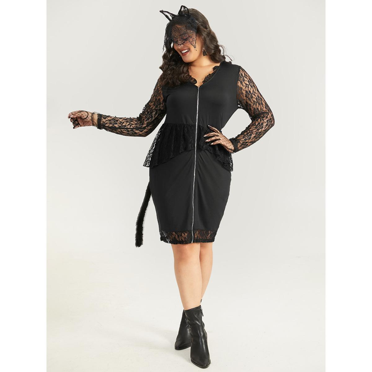 Plus Size Halloween Guipure Lace Zipper Fly Layered Dress Black Women Elegant See through V-neck Long Sleeve Curvy Knee Dress BloomChic 18-20/2X Product Image