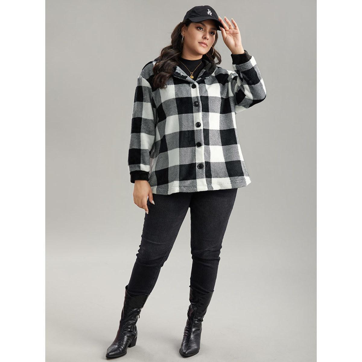Plus Size Plaid Button Through Patchwork Hooded Jacket Women Black Casual Contrast Ladies Dailywear Winter Coats BloomChic 26/4X Product Image