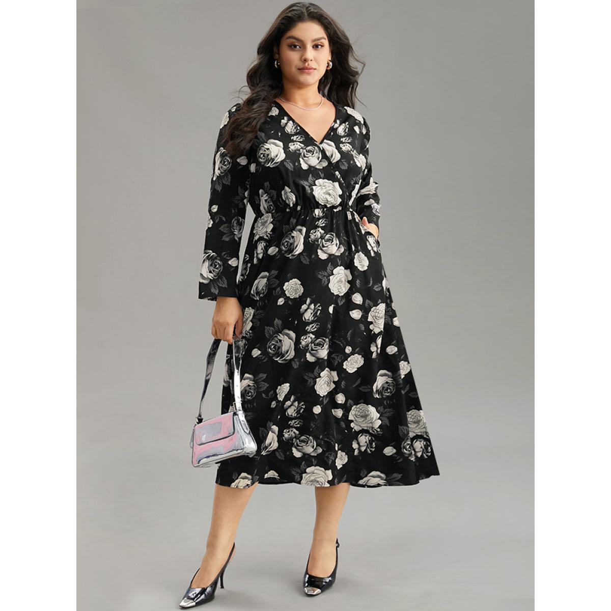 Plus Size Floral Print Pocket Elastic Waist Wrap Dress Black Women At the Office Wrap Overlap Collar Long Sleeve Curvy Midi Dress BloomChic 10/M Product Image