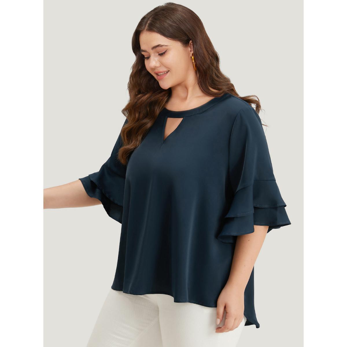 Plus Size Indigo Anti-Wrinkle Plain Keyhole Ruffle Layered Sleeve Blouse Women Office Half Sleeve Round Neck Work Blouses BloomChic 26/4X Product Image