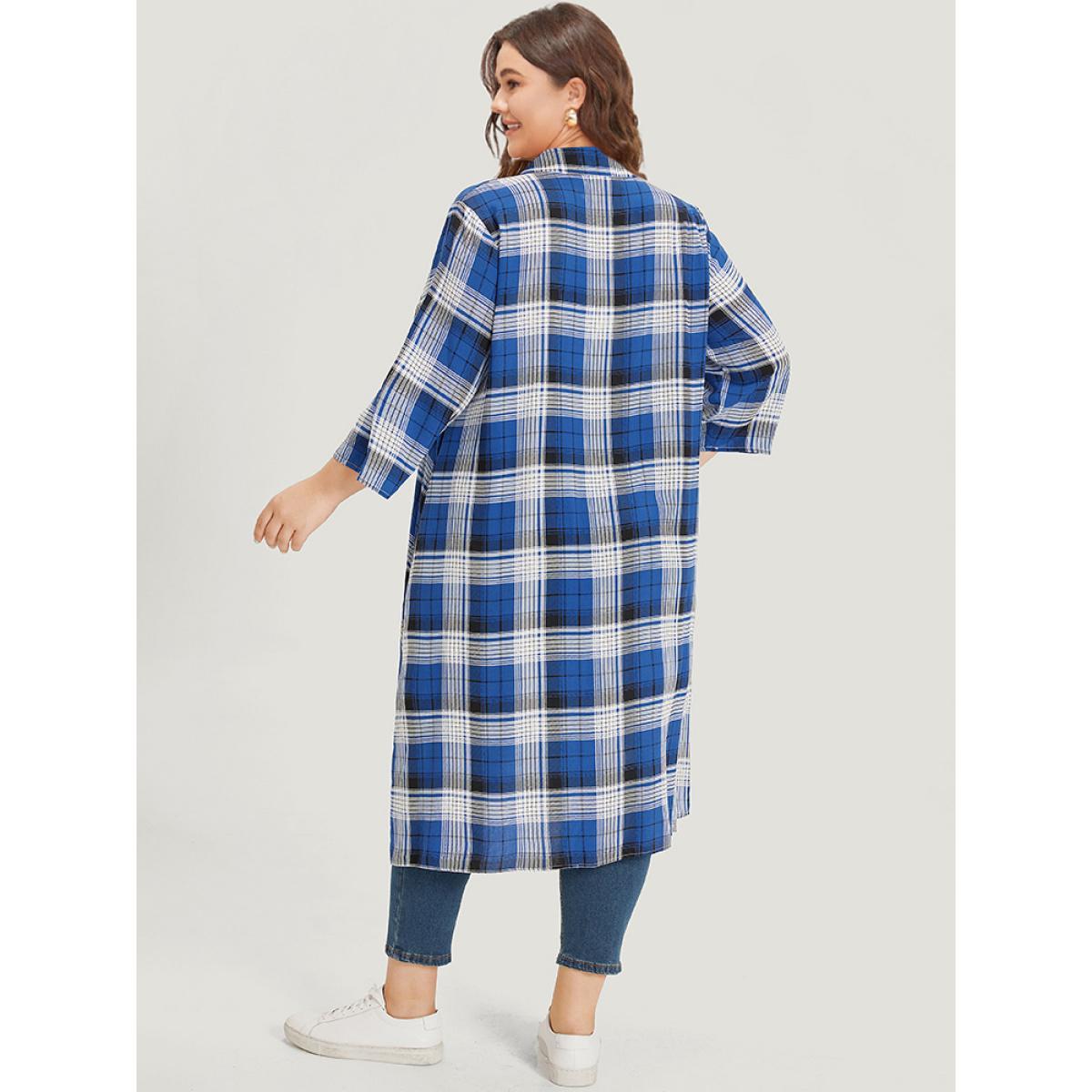 Plus Size Plaid Shirt Collar Pocket Button Through Kimono Women Indigo Casual Button Loose Pocket Dailywear Kimonos BloomChic 30/6X Product Image