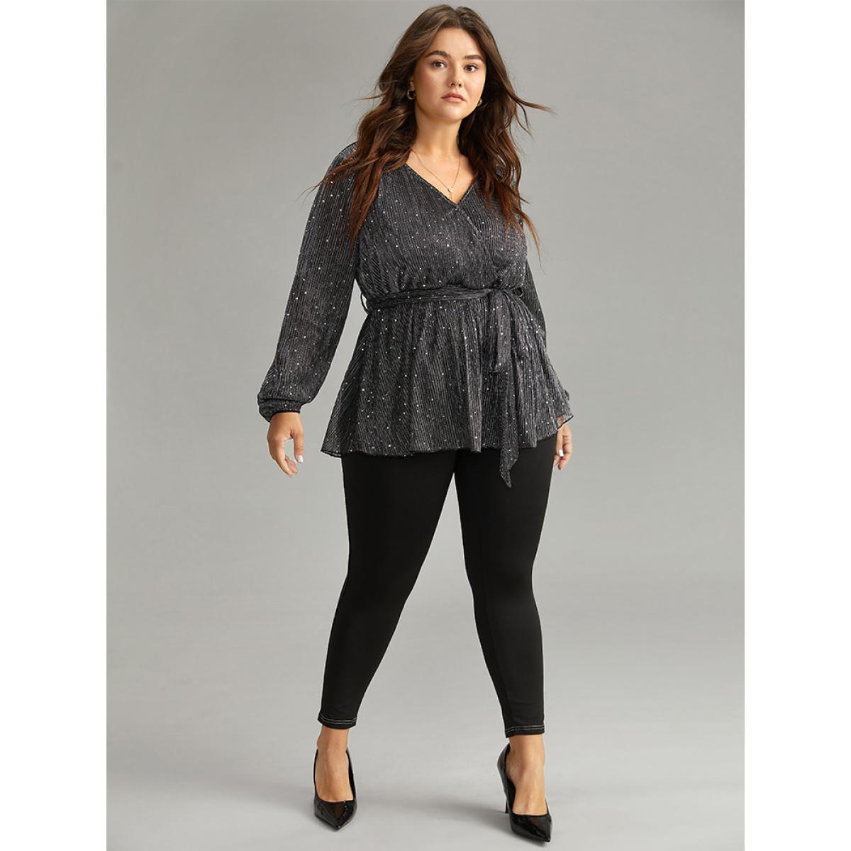 Plus Size Black Halloween Sequin Belted Elastic Waist Ruffle Hem Blouse Women Party Long Sleeve V-neck Festival-Halloween Blouses BloomChic 10/M Product Image