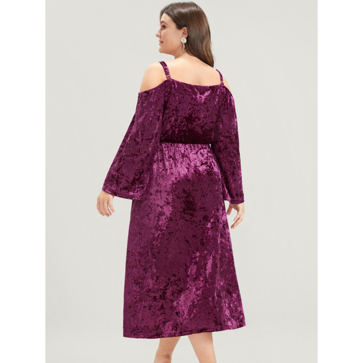 Plus Size Solid Cold Shoulder Pocket Bell Sleeve Velvet Dress RedViolet Women Party Elastic Waist Cold Shoulder Long Sleeve Curvy Midi Dress BloomChic 18-20/2X Product Image