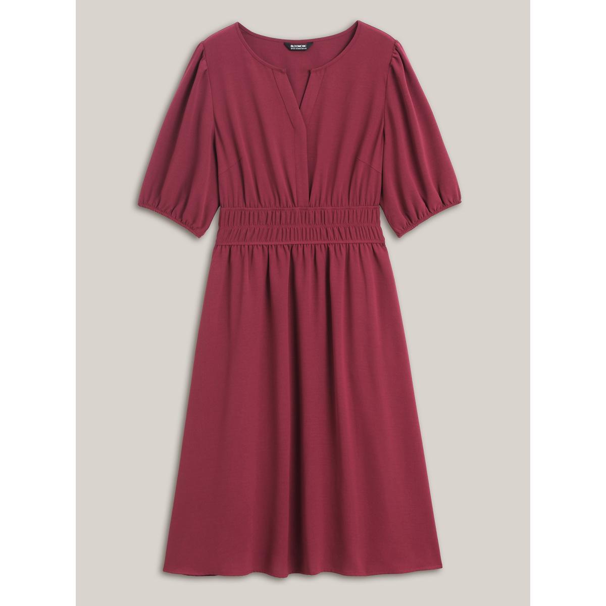 Plus Size Shirred Waist Split Neck Puff Sleeve Dress Burgundy Women At the Office Gathered Flat collar with V-notch Half Sleeve Curvy BloomChic 26/4X Product Image
