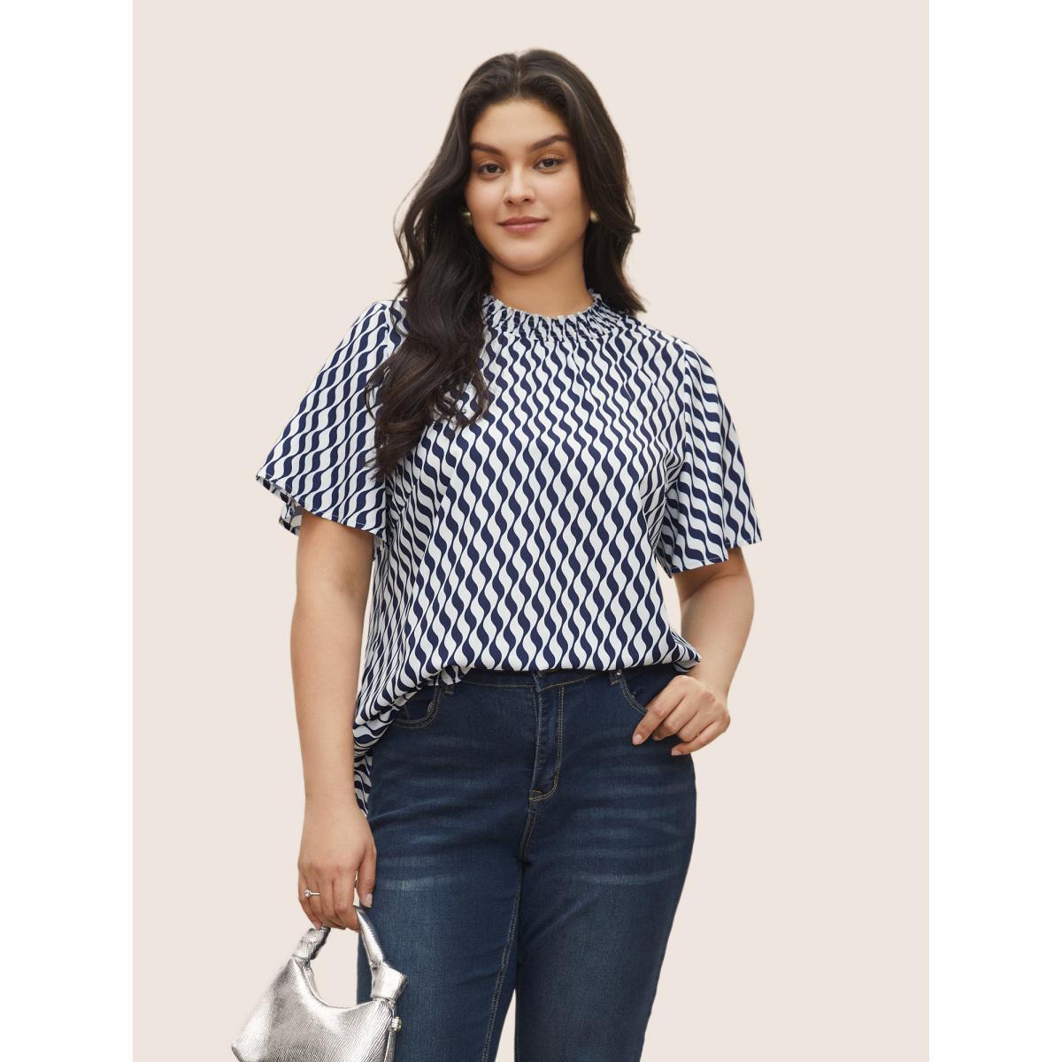 Plus Size Blue Geometric Mock Neck Shirred Ruffle Sleeve Blouse Women At the Office Short sleeve Mock Neck Work Blouses BloomChic 10/M Product Image