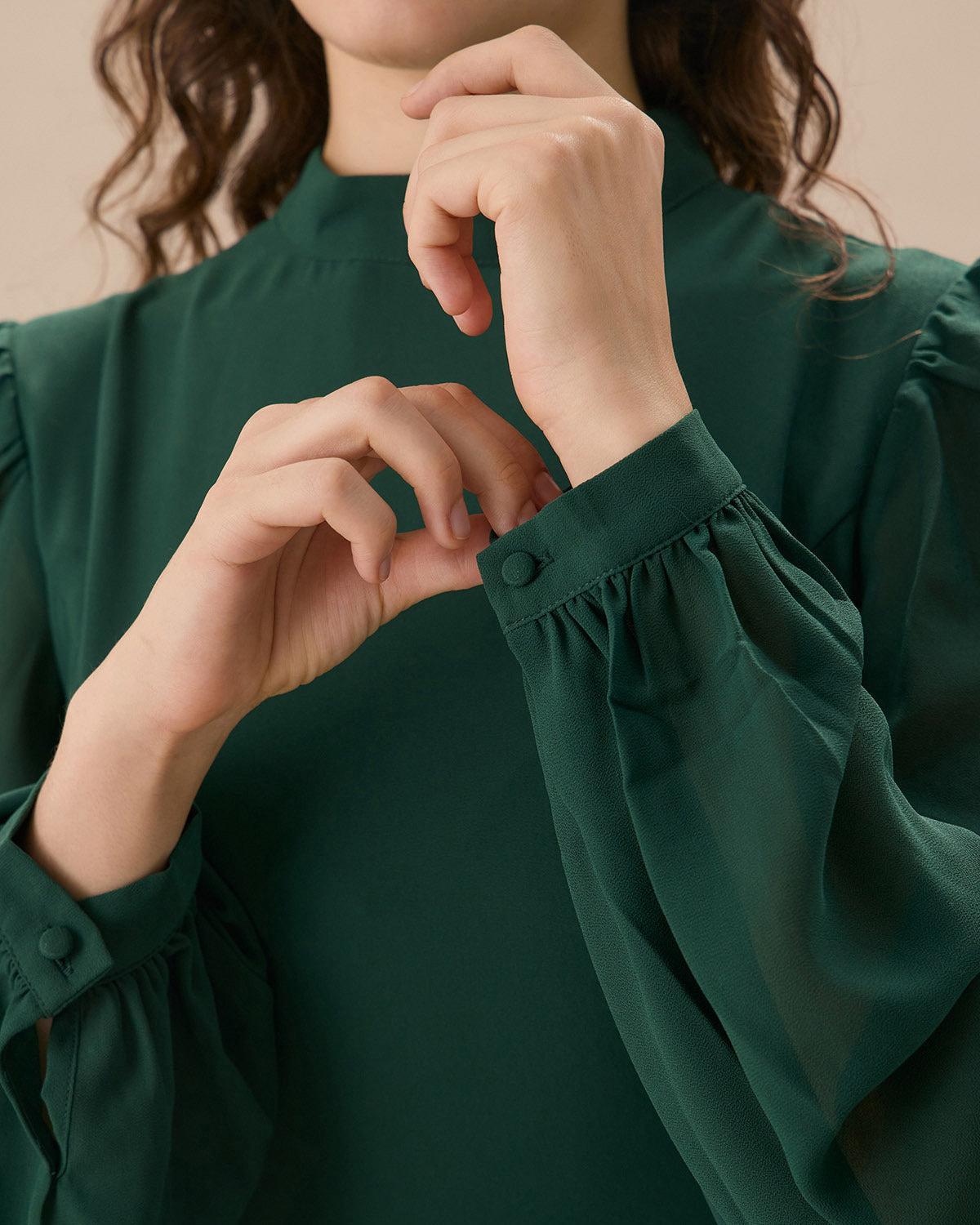 The Green Stand Collar Sheer Slit Mini Dress Product Image