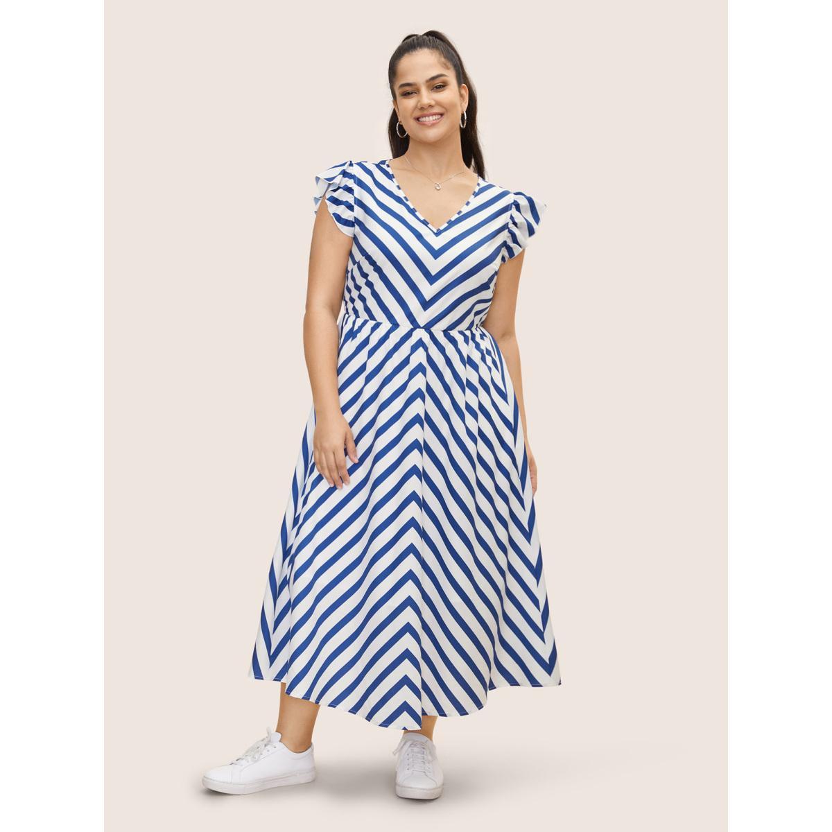 Plus Size Striped Elastic Waist Ruffle Cap Sleeve Dress DarkBlue Women Casual Ruffles V-neck Cap Sleeve Curvy BloomChic 12/L Product Image