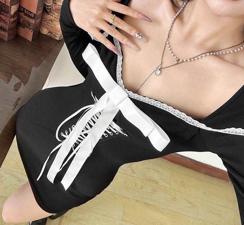 Long-Sleeve Square Neck Ribbon Front Mini Bodycon Dress Product Image