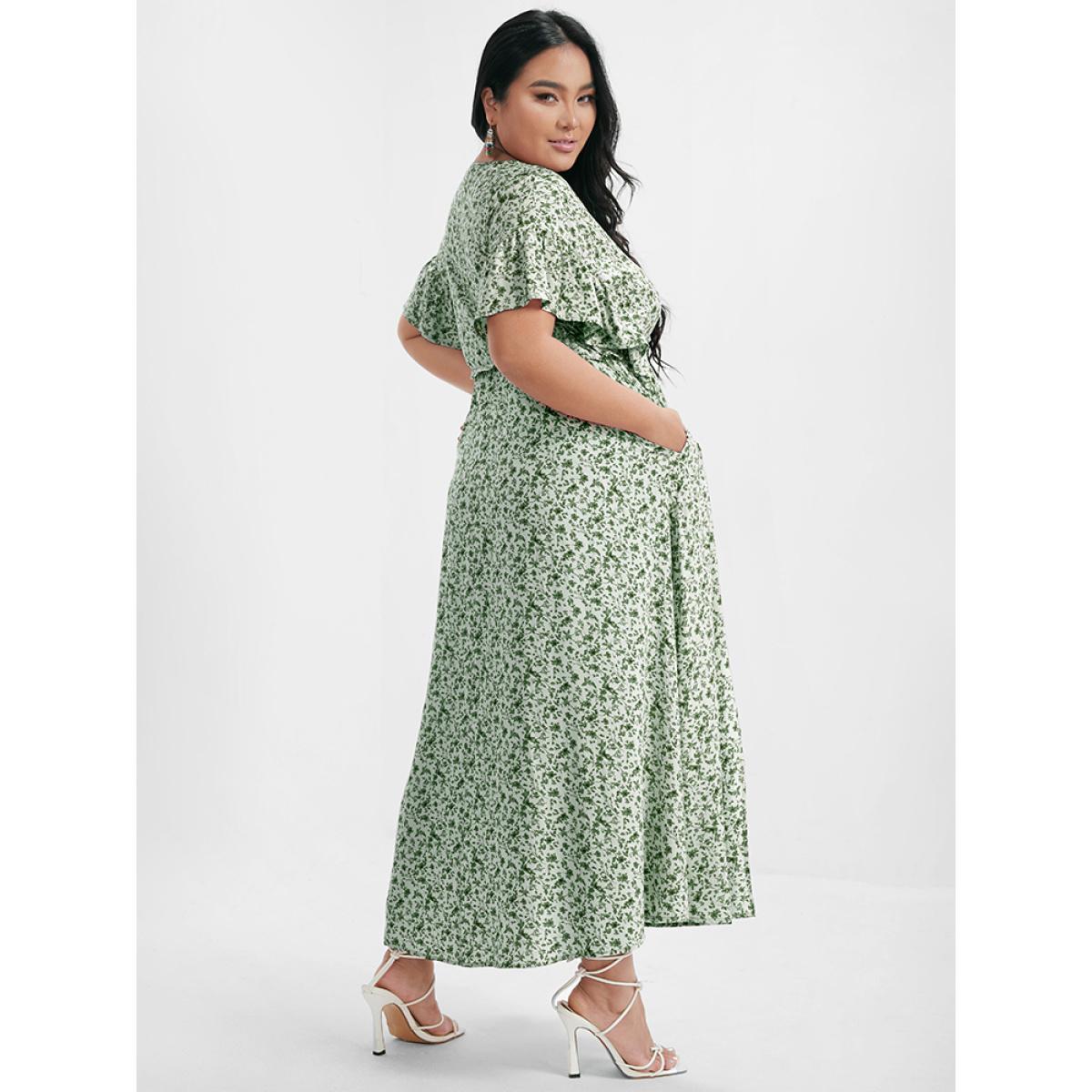 Plus Size Ditsy Floral Ruffles Pocket Button Split Maxi Dress LightGreen Women Elegant Printed V-neck Cap Sleeve Curvy Long Dress BloomChic 26/4X Product Image
