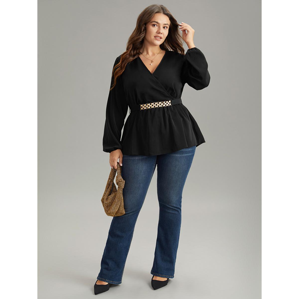 Plus Size Black Solid Wrap Flutters Style Accents Belted Blouse Women Office Long Sleeve V-neck Work Blouses BloomChic 12/L Product Image