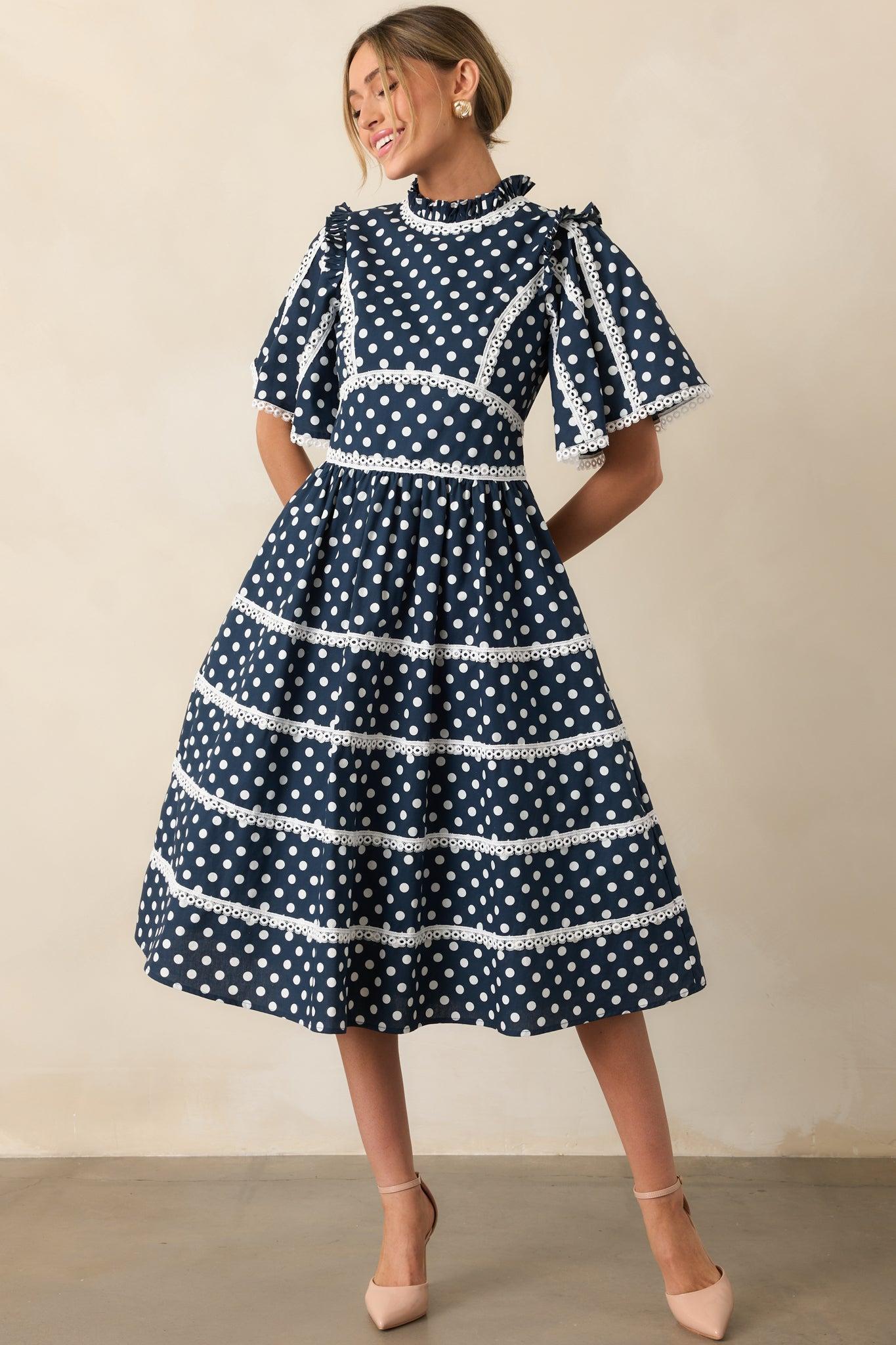Prosperina Andromeda Navy Polka Dot Cotton Midi Dress Product Image