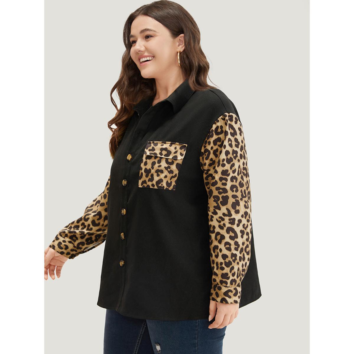 Plus Size Leopard Patchwork Contrast Button Up Coat Women Black Contrast Pocket Dailywear Jackets BloomChic 14-16/1X Product Image