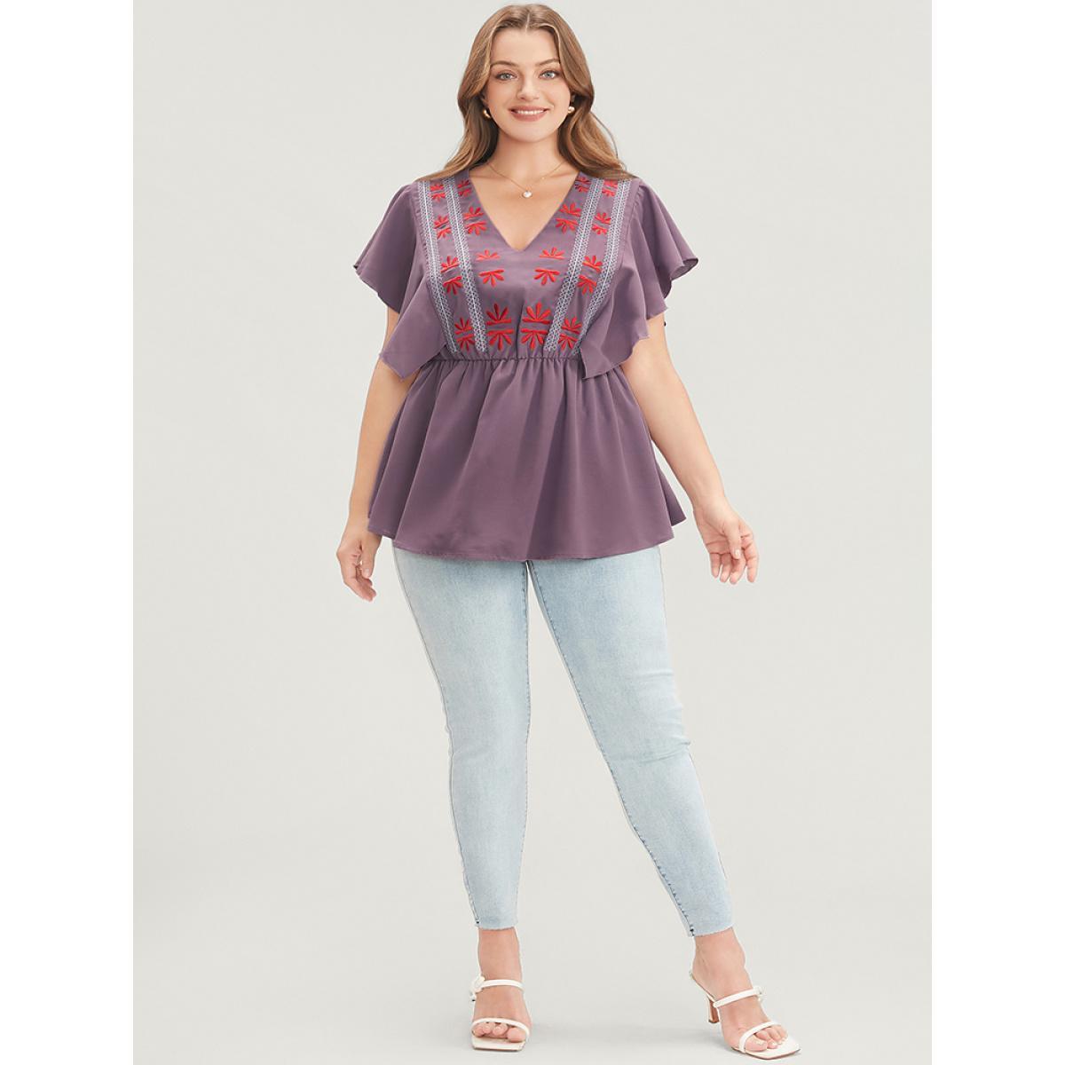 Plus Size Mauve Floral Embroidered V Neck Ruffle Sleeve Blouse Women Vacation Short sleeve V-neck Dailywear Blouses BloomChic 22-24/3X Product Image