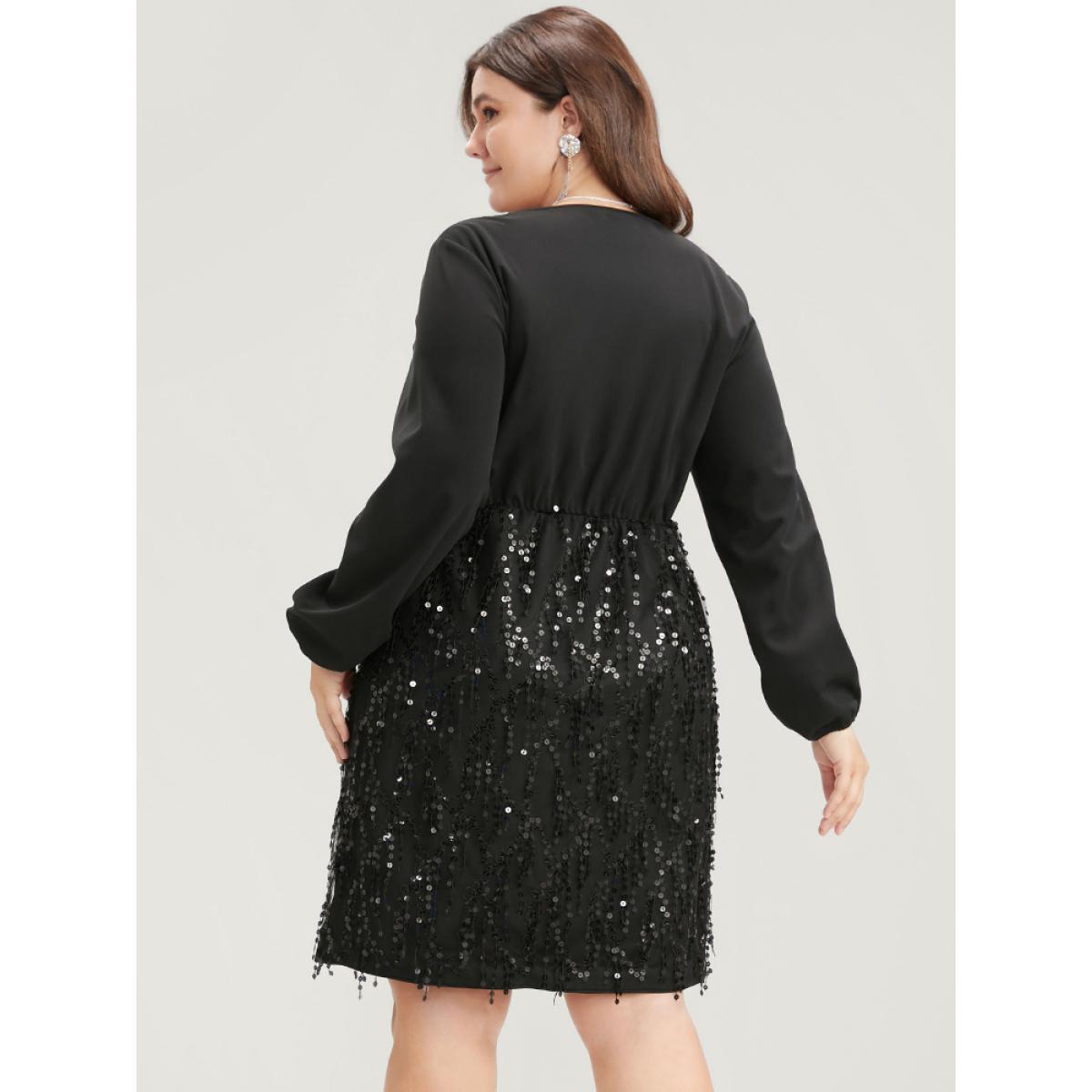 Plus Size Solid Patchwork Wrap Sequin Tassel Detail Dress Black Women Party Patchwork V-neck Long Sleeve Curvy Knee Dress BloomChic 12/L Product Image
