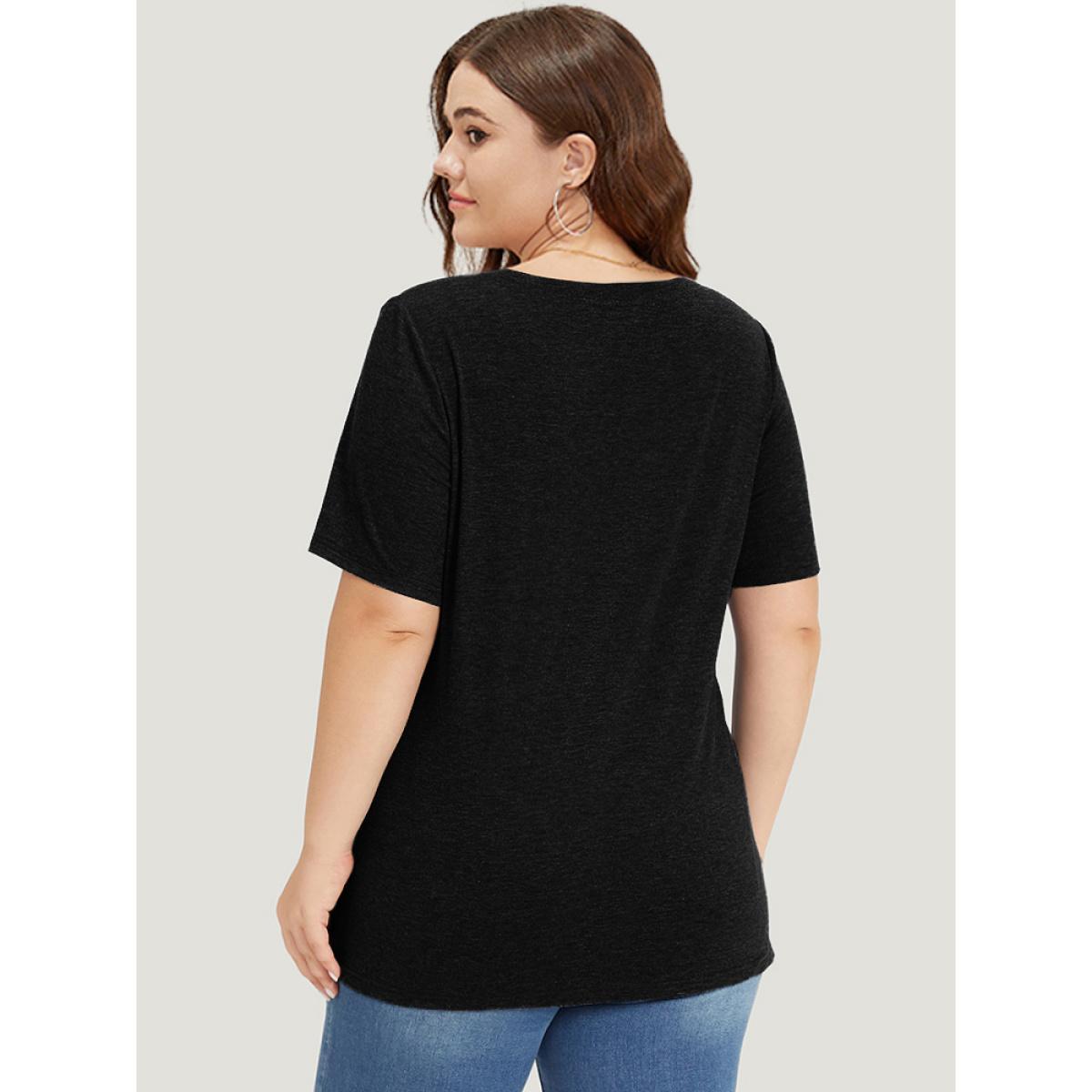 Plus Size Heather Plicated Detail V Neck Button Detail T-shirt Black Women Casual Plain Plain V-neck Dailywear T-shirts BloomChic 10/M Product Image