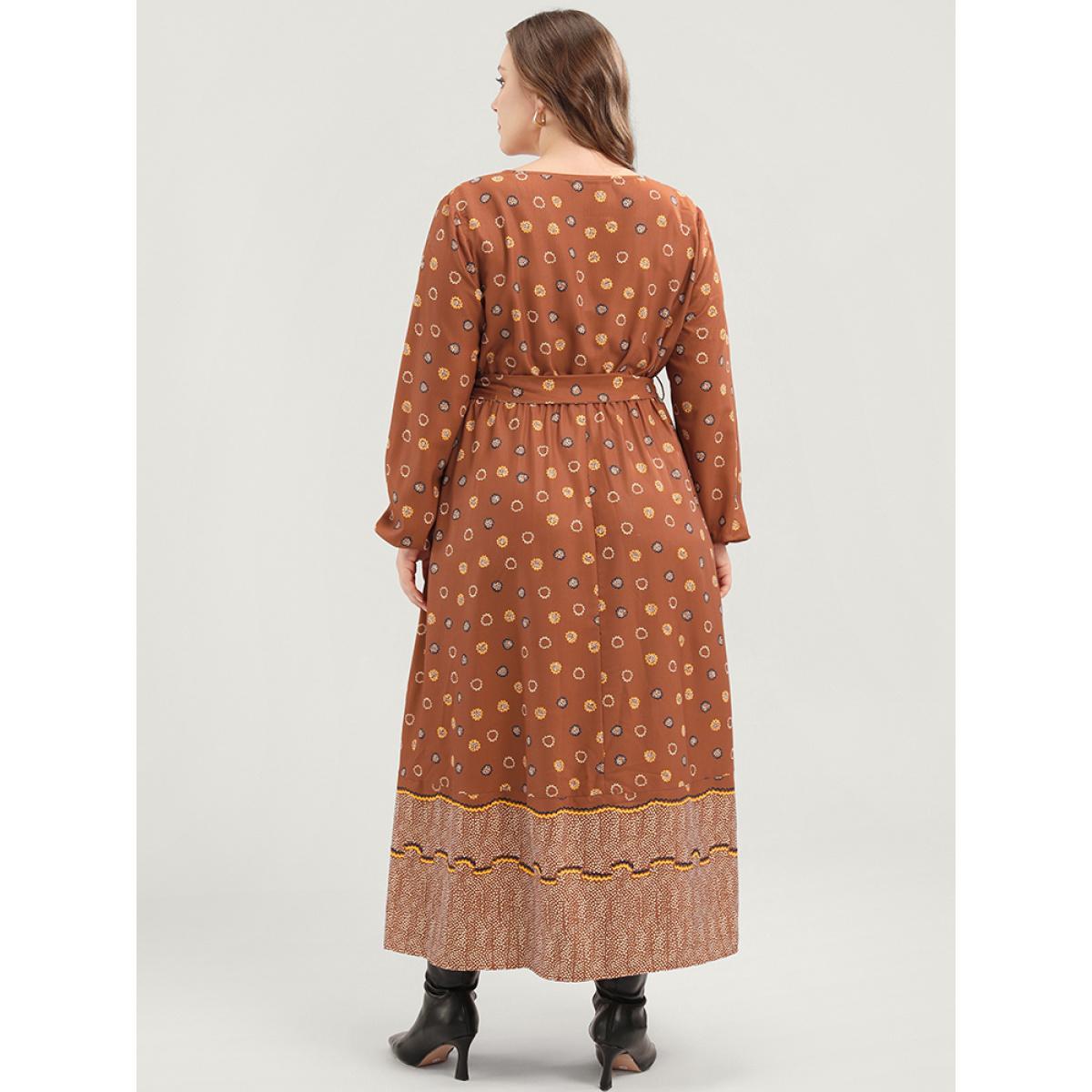 Plus Size Polka Dot Lantern Sleeve Pocket Belted Surplice Neck Maxi Dress Bronze Women Vacation V-neck Long Sleeve Curvy Long Dress BloomChic 30/6X Product Image