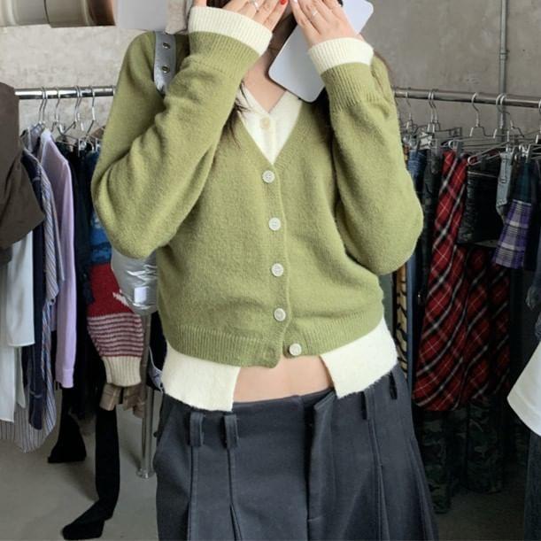 Mock Two-Piece Long-Sleeve V-Neck Two Tone Button Crop Knit Top Product Image
