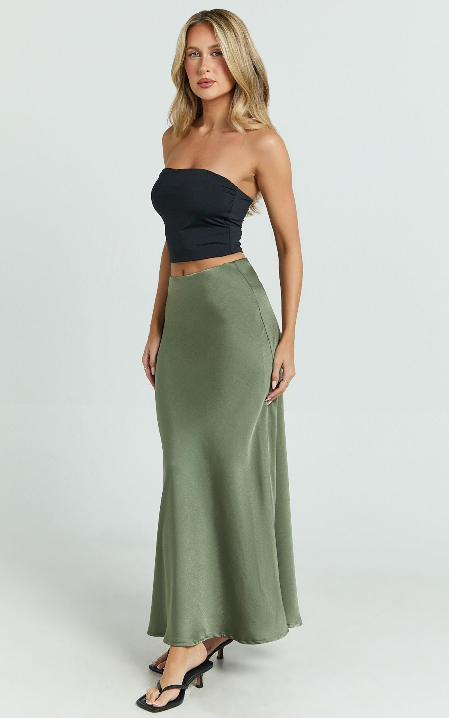 Amari Maxi Skirt - High Waisted Bias Cut Skirt in Olive Product Image