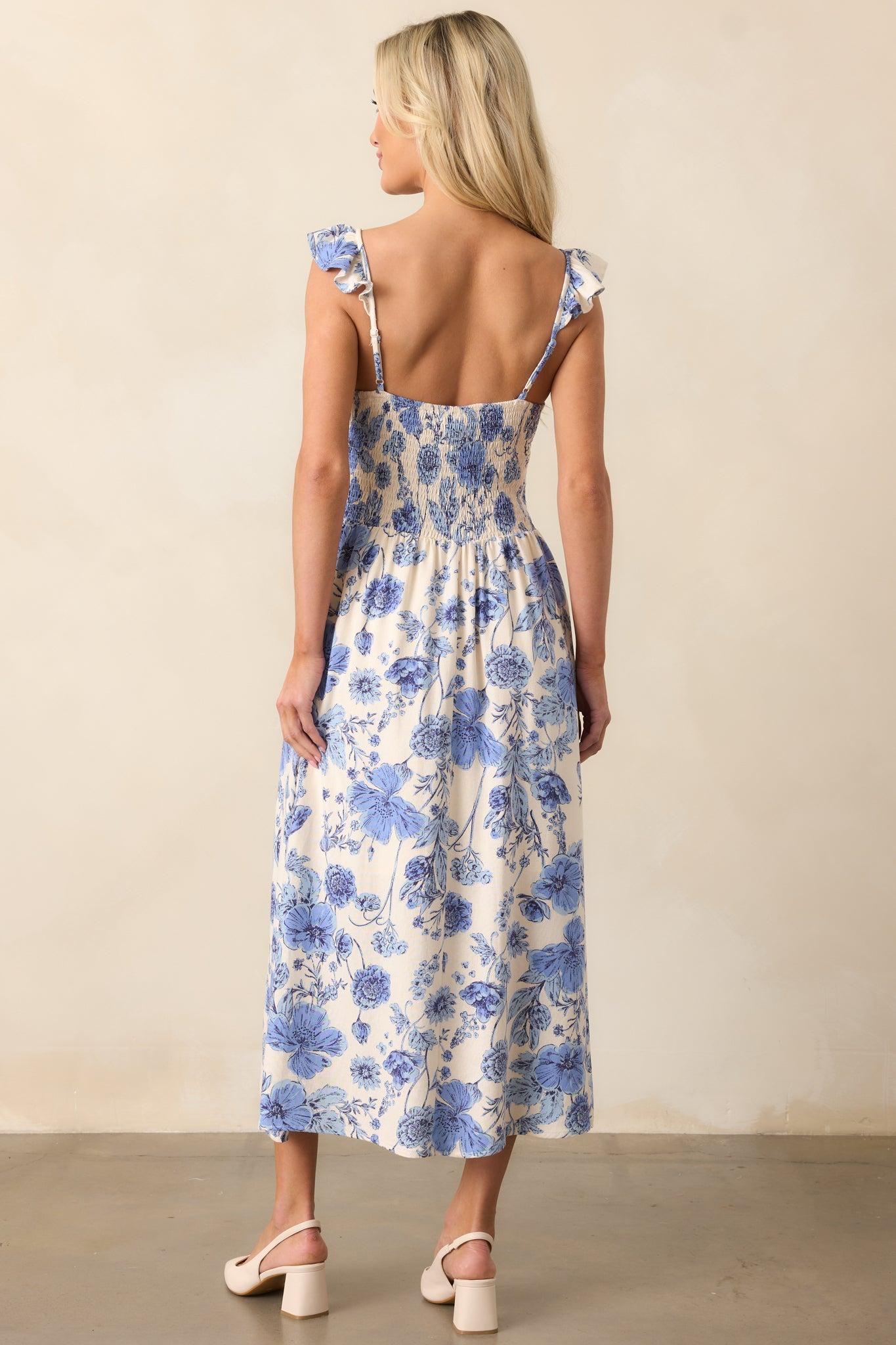 Blossoms Of Belief Ivory & Blue Floral Midi Dress Product Image