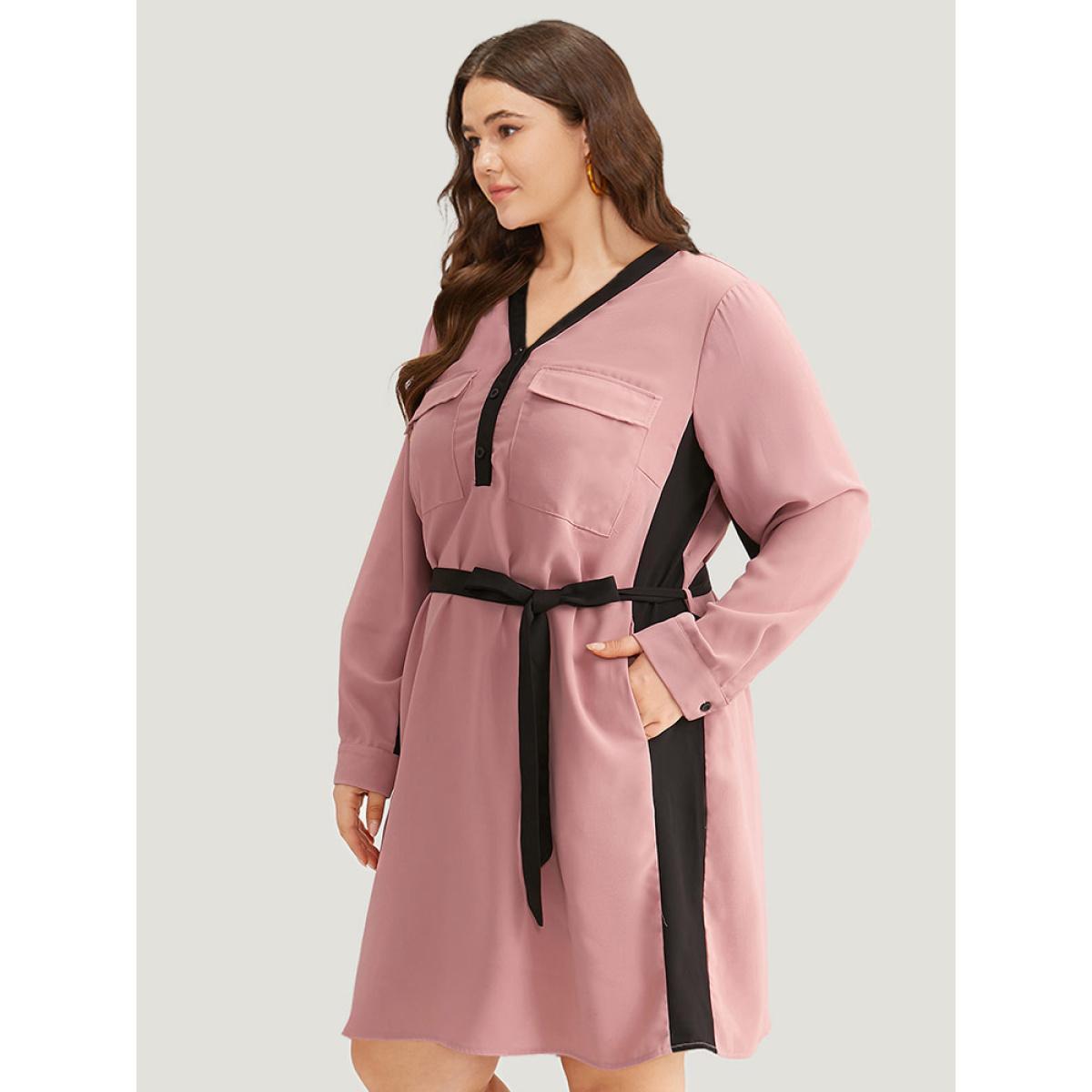 Plus Size Twill Two Tone Metal Button Up Belted Dress DustyPink Women Office Belted V-neck Long Sleeve Curvy Knee Dress BloomChic 26/4X Product Image