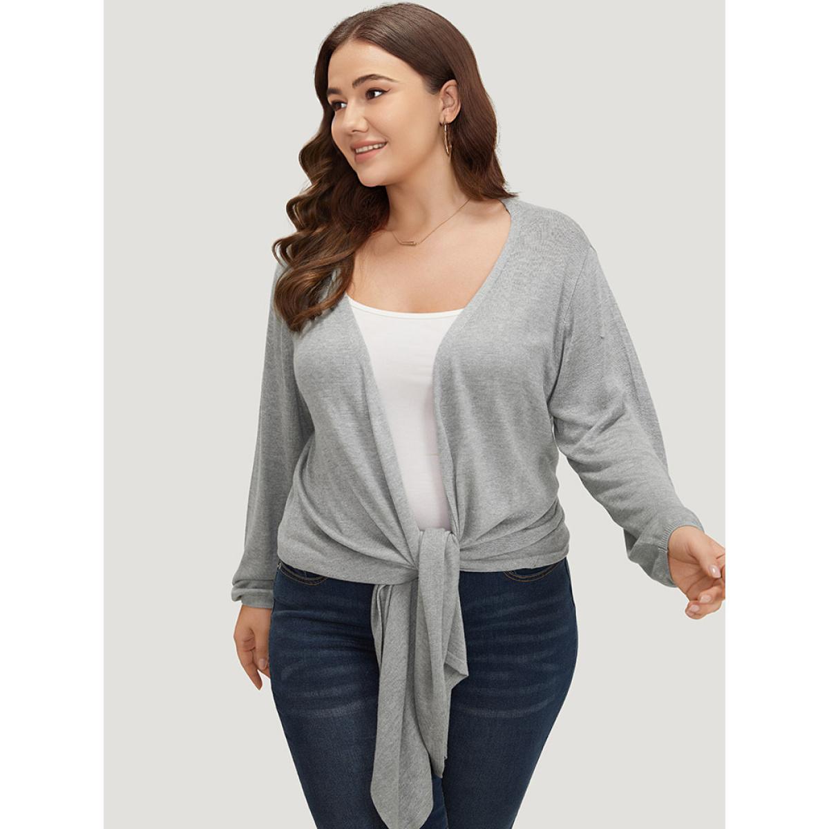 Plus Size Supersoft Essentials Plain Bowknot Front Supersoft Cardigan Gray Women Casual Loose Long Sleeve Everyday Cardigans BloomChic 26/4X Product Image