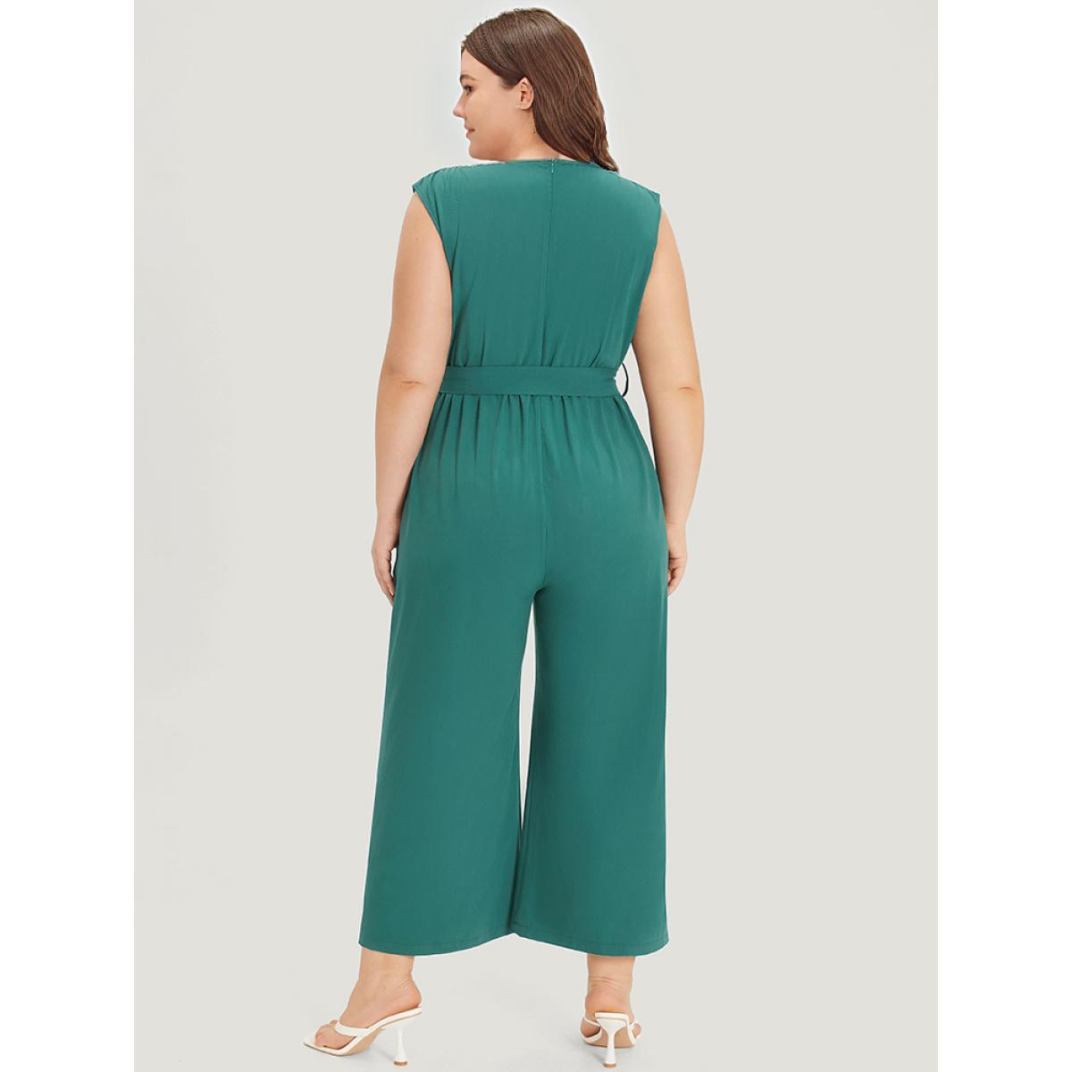 Plus Size Green Supersoft Essentials Plain Surplice Neck Belted Jumpsuit Women Elegant Sleeveless V-neck Dailywear Loose Jumpsuits BloomChic 18-20/2X Product Image