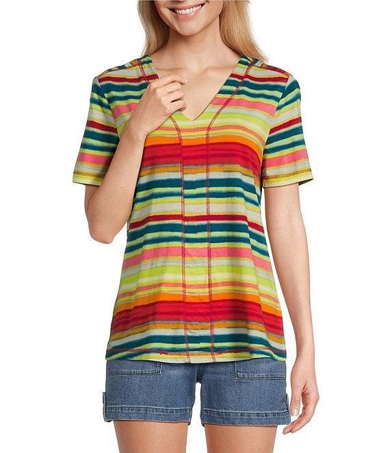 Westbound Petite Size Shimmering Stripe Short Sleeve V-Neck Top Product Image