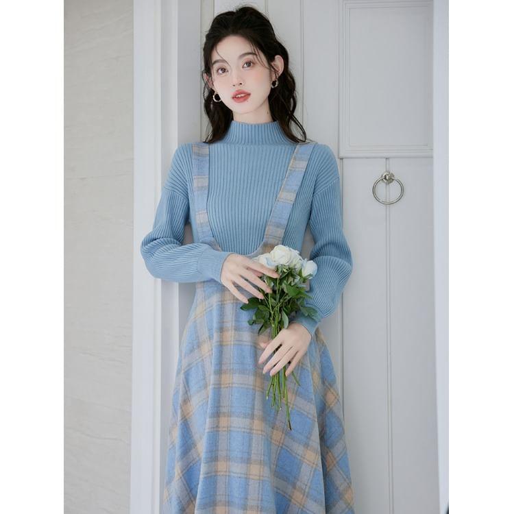 Set: Mock Neck Plain Ribbed Sweater + Plaid Midi A-Line Suspender Skirt Product Image