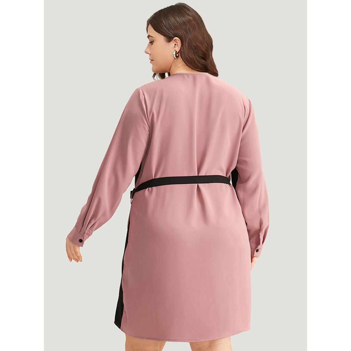 Plus Size Twill Two Tone Metal Button Up Belted Dress DustyPink Women Office Belted V-neck Long Sleeve Curvy Knee Dress BloomChic 26/4X Product Image
