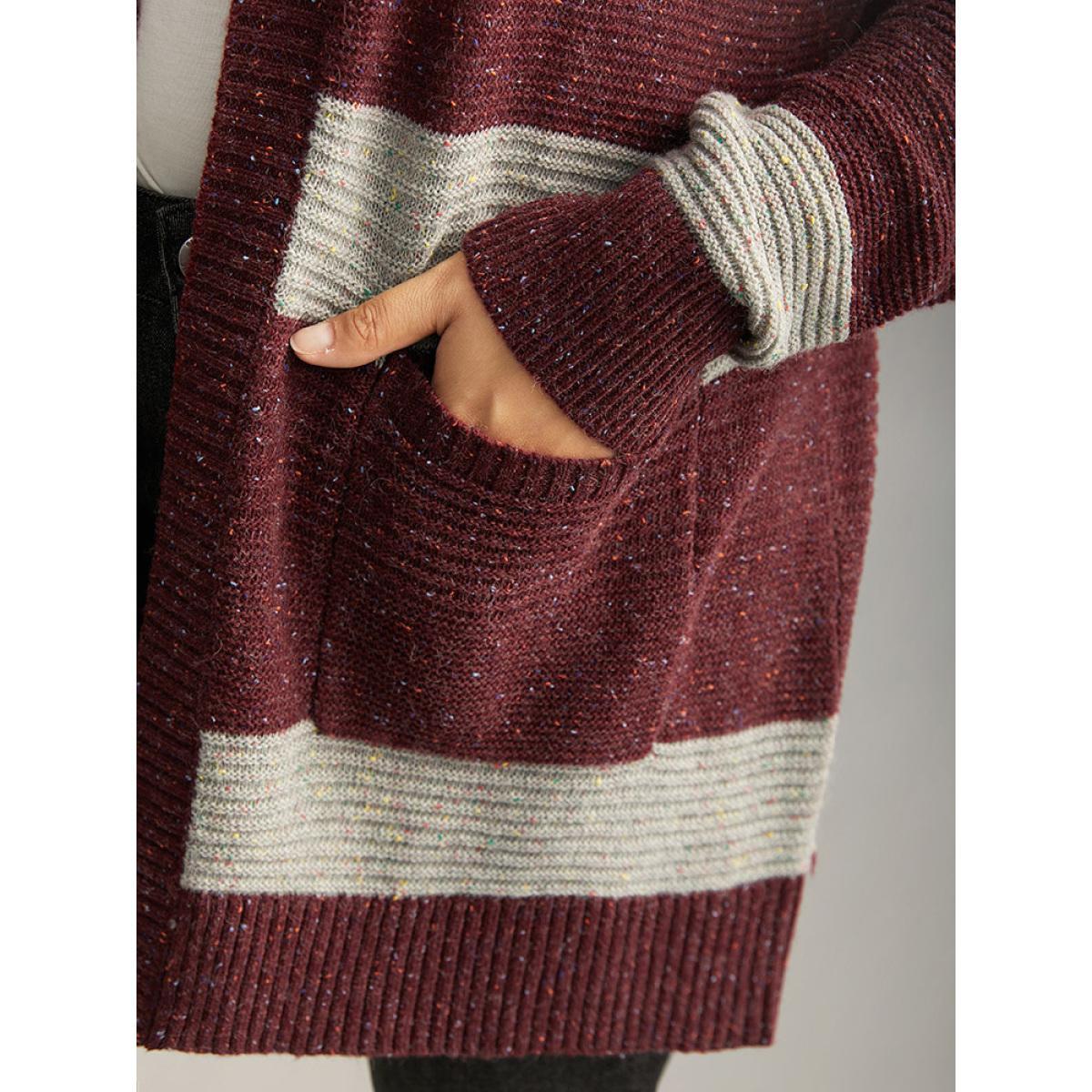 Plus Size Colorblock Patched Pocket Open Front Cardigan Burgundy Women Casual Loose Long Sleeve Dailywear Cardigans BloomChic 12/L Product Image