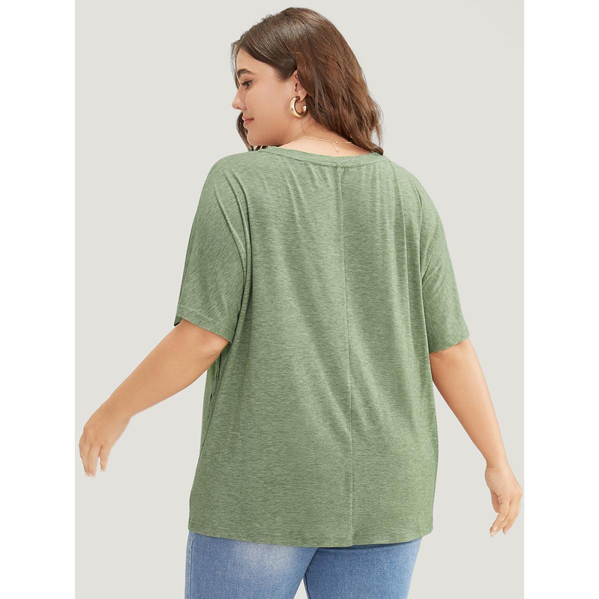 Plus Size Solid Contrast Lace Ruffle Sleeve T-shirt Sage Women Elegant Lace Plain Round Neck Everyday T-shirts BloomChic 12/L Product Image
