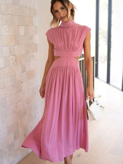 Cutout Mock Neck Sleeveless Ruched Dress Product Image