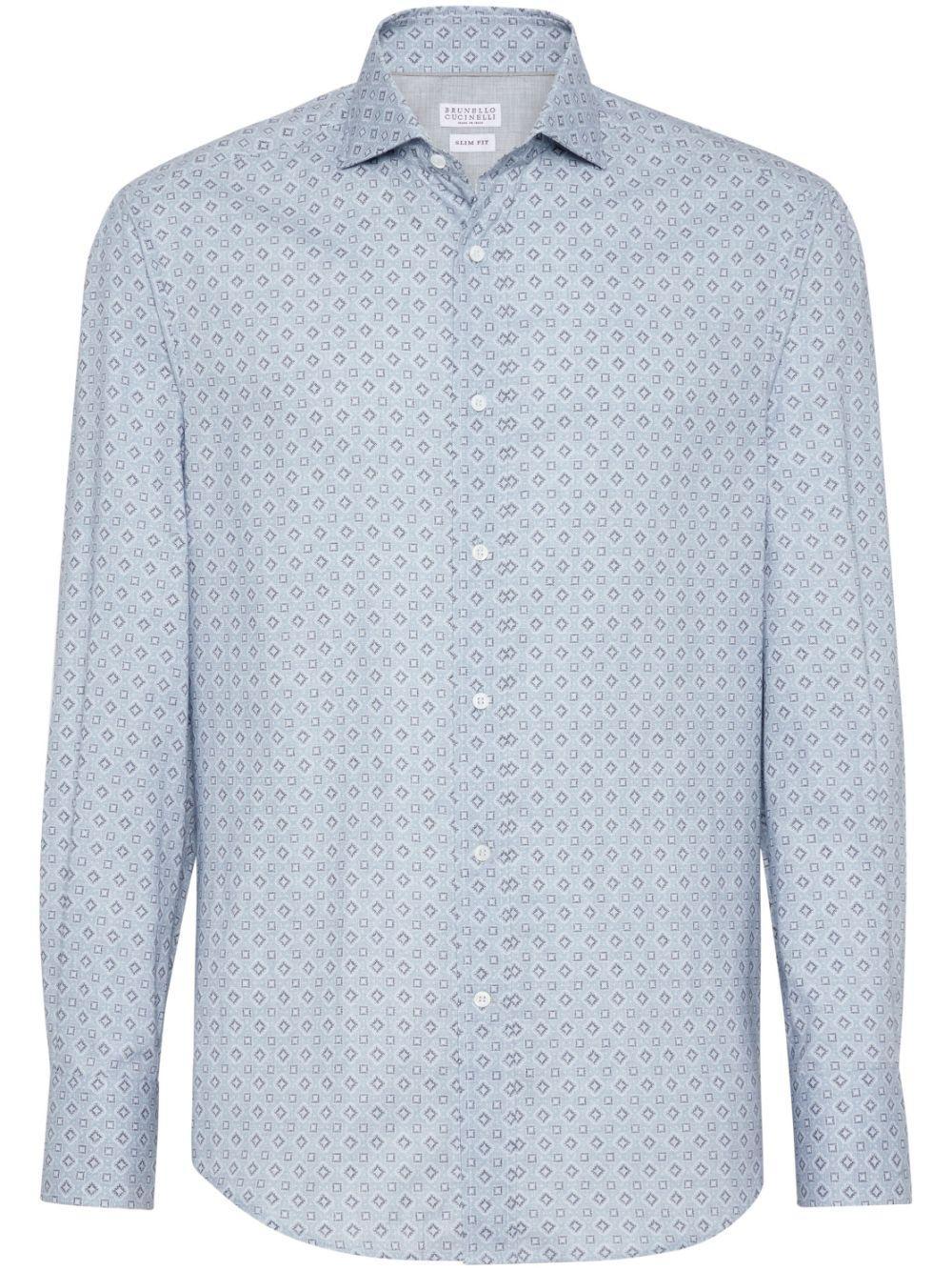 BRUNELLO CUCINELLI Geometric-pattern Cotton Shirt In Blue Product Image